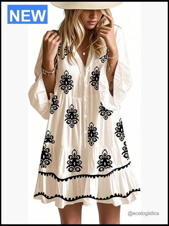 Dresses & Skirts - Flowy Ruffle Babydoll Mini Dress 3/4 Bell Sleeve V Neck Tiered Boho